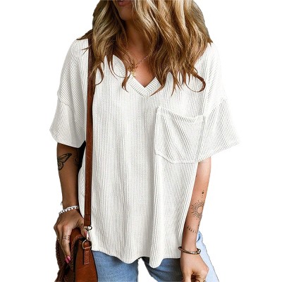 Women Summer Tops Mini Striped V Neck T-Shirts Drop Shoulder Short Sleeve Rib Textured Tops Loose Fit Lounge Tee Shirt Tops with Pocket