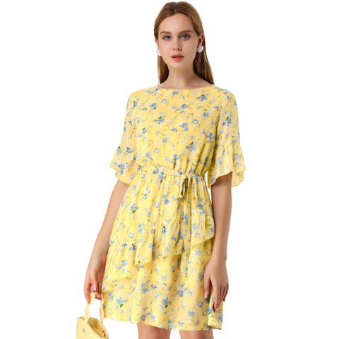 Женские платья INSPIRE CHIC Women's Floral Round Neck Short Sleeve Dress Yellow Medium