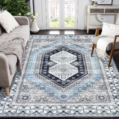 Machine Washable Vintage Runner Rug, Non Slip Low Pile Oriental Carpet for Entryway, Hallway, Kitchen, Laundry