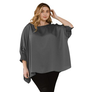 Slickblue Plus Size Jacquard Oversized Boatneck Blouse, 3/4 Smocked Sleeves, Charcoal Woven Top, 1XL-3XL - 1 of 4