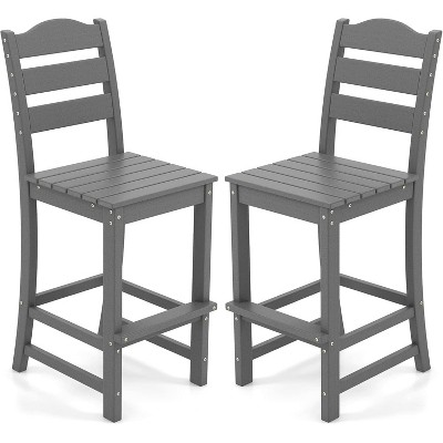 Tangkula Set of 2 HDPE Bar Stool Tall Chair Backrest Footrest All Weather Patio Grey