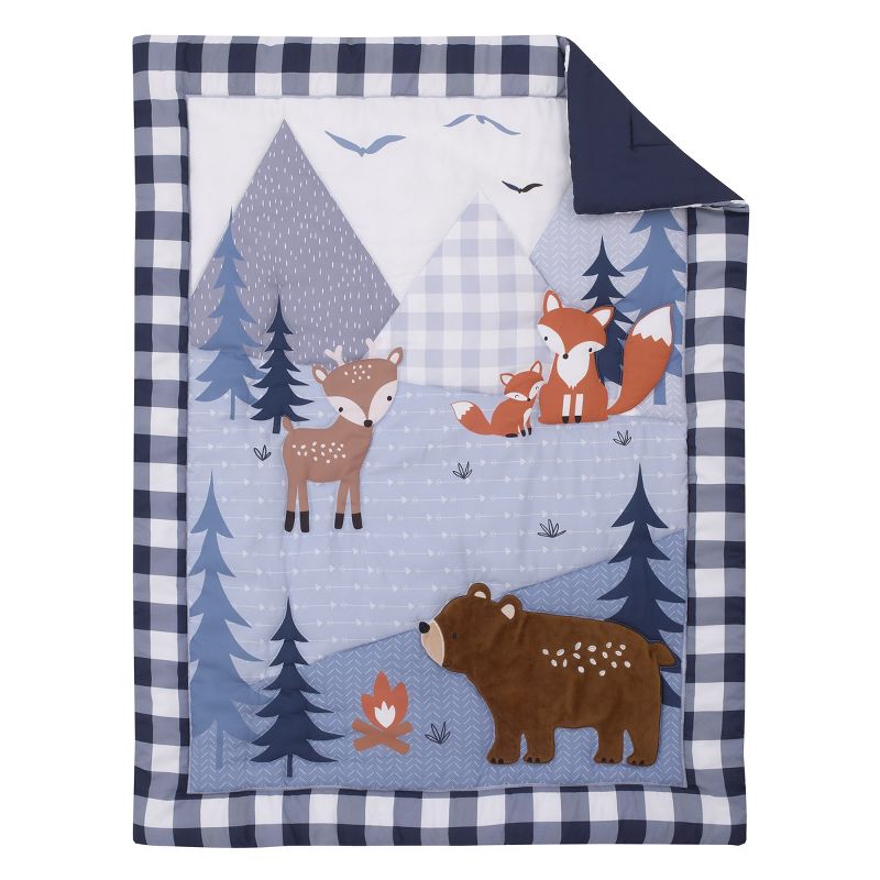Little Love by NoJo National Park Navy Buffalo Check, Gray, Blue, and Brown Camping Bear, Deer, and Fox 3 Piece Nursery Crib Bedding Set, 2 of 8
