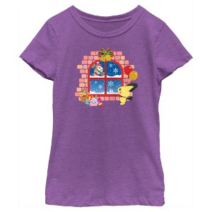 Girl's Pokemon Christmas Window T-Shirt - 1 of 4