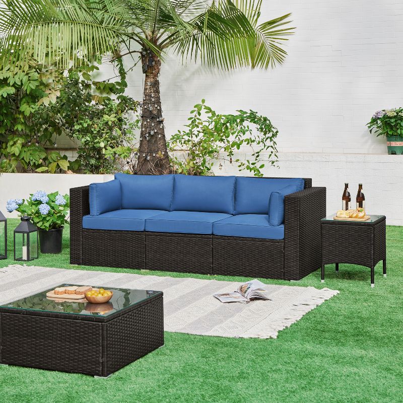 Yaheetech Patio Resin Wicker Sofa Outdoor Rattan Couch with Throw Pillows, Brown/Dark Blue, 2 of 8