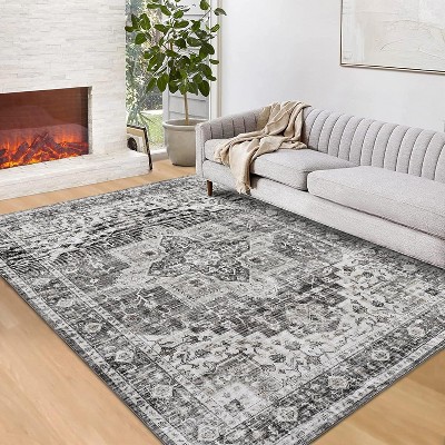 Acekool 8x10 Vintage Grey Washable Area Rug, Distressed Medallion Non-Slip Stain Resistant Carpet for Living Room, Bedroom, Home Decor