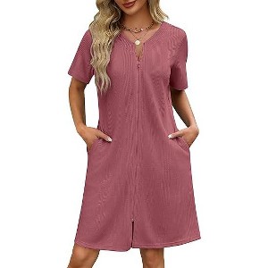 Ekouaer Women Zipper Robes Waffle Short Bathrobe Lightweight House Coat with Pockets Soft Nightgown - 1 of 4