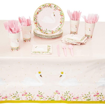 Sparkle and Bash Swan Princess Birthday Party Dinnerware Set for Girls (145 Pieces, Serves 24)