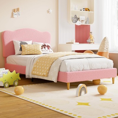 Twin Size Bed Frame for Kids with Scallop Headboard, Cute Velvet Twin Bed for Girls, Boys, Sturdy Platform Bed