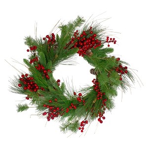 Northlight Real Touch™️ Mixed Pine and Berry Artificial Christmas Wreath - 24" - Unlit - 1 of 4