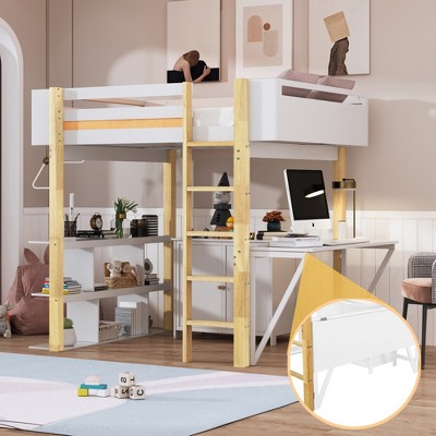 Full Size Wood Loft Bed with Built-in Storage Cabinet and Cubes