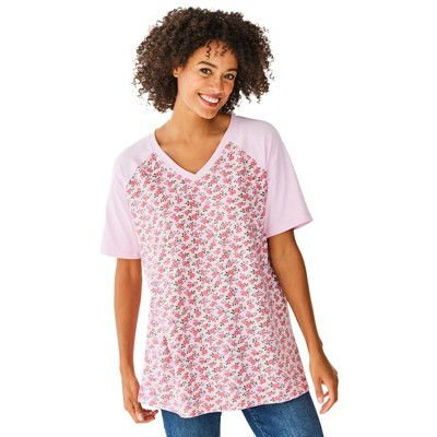 Woman Within Women's Plus Size Elbow Sleeve V-Neck Baseball Tee