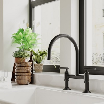 Matte Black Double-Handle Bridge Kitchen Faucet with High-Arc Spout