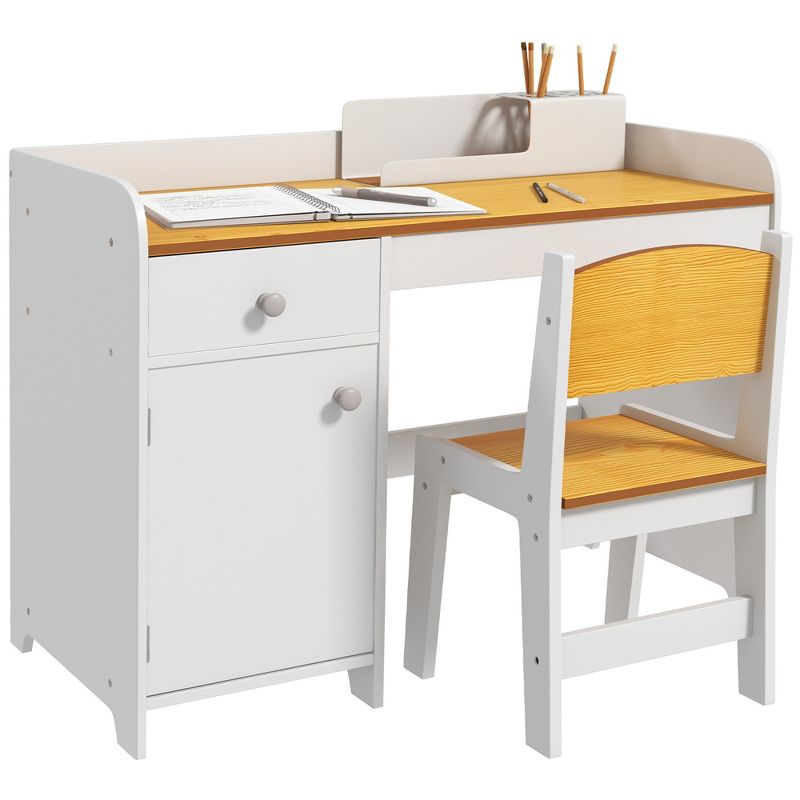 Qaba Kids Desk and Chair Set with Storage Drawer, Study Desk with Chair for Children for Arts & Crafts, Snack Time, Homeschooling, Homework, White, 1 of 7