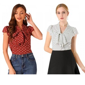 INSPIRE CHIC Women's Polka Dots Tie V Neck Flutter Cap Sleeve Blouse 2 Packs - 1 of 4