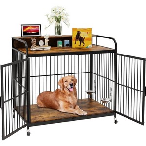 Furniture Style Wooden Dog Crate with Wheels, Dual Bowls & Washable Mat, Heavy-Duty End Table Pet Kennel for Large Dogs - 1 of 4