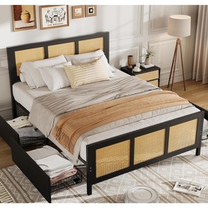 RONSHIN Rattan Queen Bed with 7-Color LED Headboard & 4 Drawers, Boho Platform Bed with Strong Metal Slats, Noise Free, No Box Spring, Easy Assembly - 1 of 4