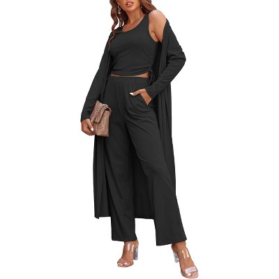 Ekouaer Women's 3 Piece Lounge Set Pajama Long Sleeve Cardigan Sleeveless Top Pants Sweatsuit