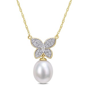 EVERLY JEWELRY | 10K Yellow Gold 9-10mm Cultured Freshwater Pearl and 1/8ct TDW Diamond Butterfly Drop Pendant with Chain - 17 inch - 1 of 4