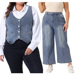 Agnes Orinda Women's Plus Size 2 Pieces Set Fashion Retro Sleeveless Jean Denim Vests and Wide Leg Baggy Washed Stretch Denim Ankle Jeans - 1 of 4