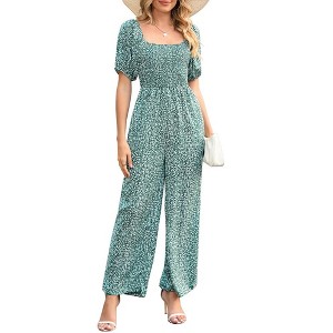 Whizmax Women's Summer Smocked Jumpsuits Casual Square Neck Short Sleeve High Waist Wide Leg Rompers with Pockets - 1 of 4