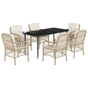 vidaXL 7 Piece Patio Dining Set with Cushions - Beige Poly Rattan, Tempered Glass Table, Outdoor/Garden Furniture for Backyard, Deck - 1 of 4
