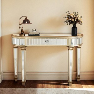 Mshliw Half-Moon Mirrored Console Table with Fluted Glass Panels and Crystal Knob Drawer, Dining Table, 47" Entryway Vanity Desk - 1 of 4