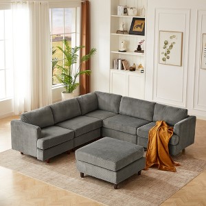 Modern Corduroy Upholstered 6-Seater Modular L-Shaped Sectional Sofa, 6-piece DIY Combinations Sofa - 1 of 4