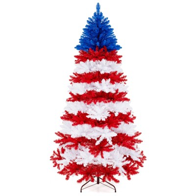 Tangkula 7.5 FT Artificial Christmas Tree Pre-lit Xmas Tree with 1341 Branch Tips 480 Warm White LED Lights July Patriotic Decoration