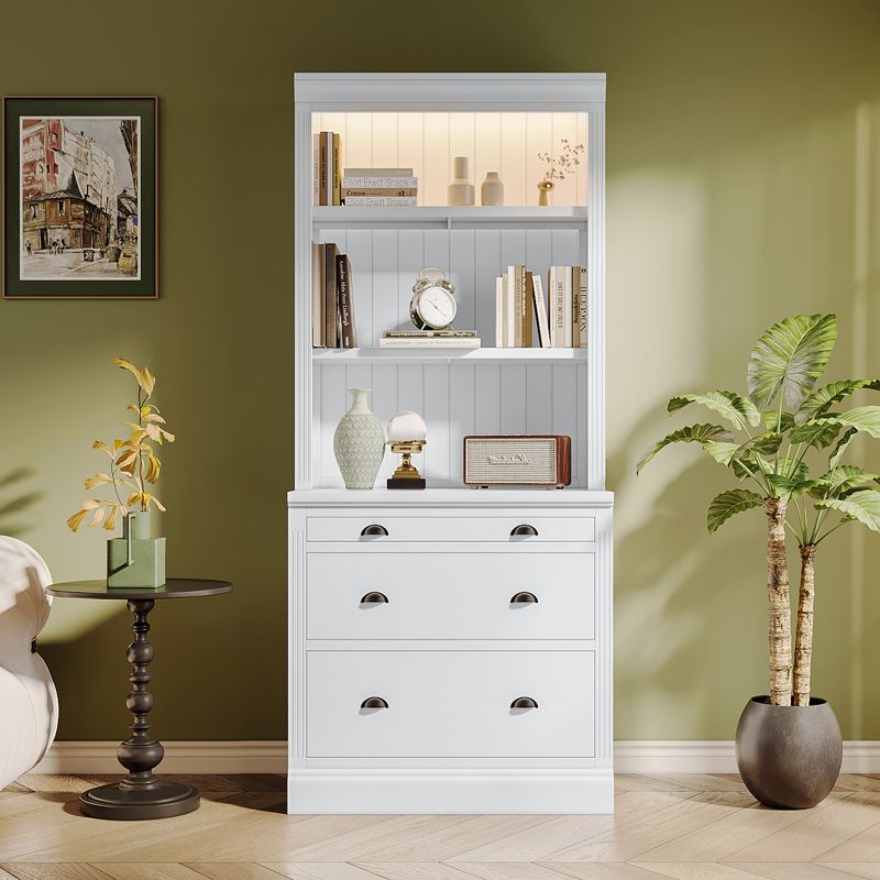 83.4"H Tall Bookshelf with LED Lighting, Modern Storage Bookcase with Open Shelves and Drawers/Desks/Doors, White-ModernLuxe, 2 of 14