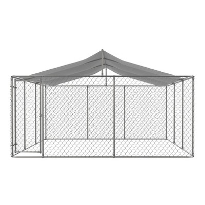 Outdoor Large Dog Kennel Chain Link Dog House with Roof, 177.6"D x 177.6"W x 91.2"H