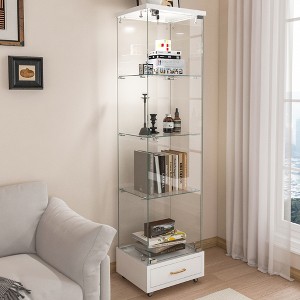 KTMBDW Glass Display Cabinet 4-Shelf with Door and Lock, Curio Cabinets Tempered Glass Floor Standing Bookshelf with Drawer for Bedroom, Living Room - 1 of 4