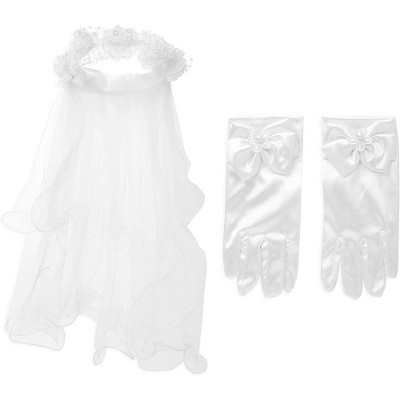 Sparkle and Bash Girl's Flower Headband Veil and Gloves Accessories Set for First Communion, White
