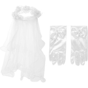Sparkle and Bash Girl's Flower Headband Veil and Gloves Accessories Set for First Communion, White - 1 of 4