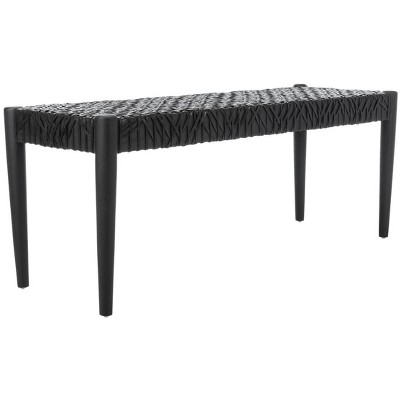 Alpine Elegance Black Cowhide Leather and Teak Bench, 47"