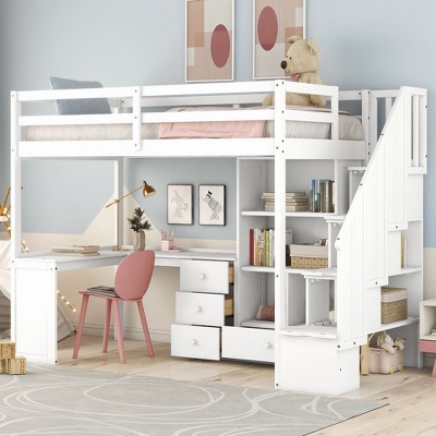 NicBex Twin Size Bunk Bed with "L" Shape Desk Loft Bed Bed Frame with Storage Racks, 3 Drawers, Stairs, Guardrails, No Box Spring Required