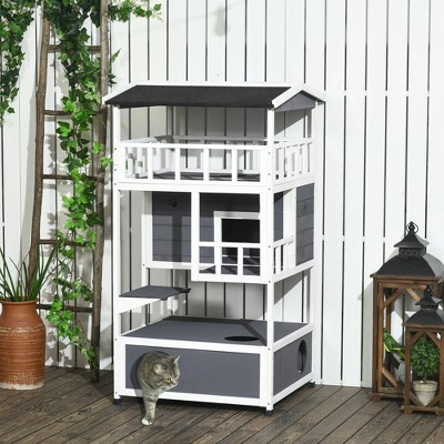 Gray and White Wooden 4-Floor Outdoor Cat House with Asphalt Roof