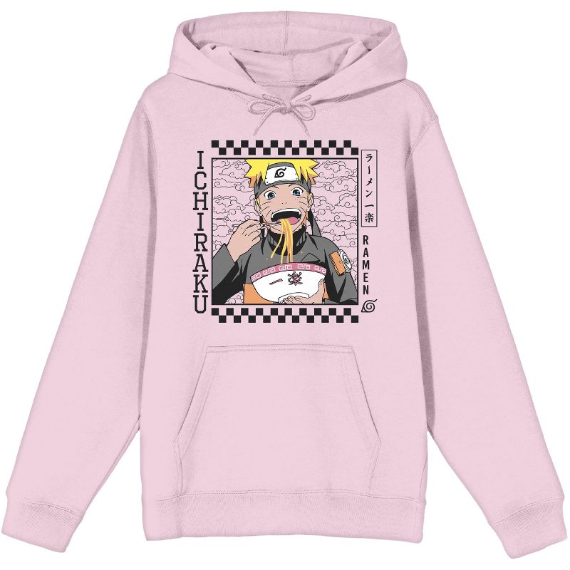 Naruto Shippuden Ichiraku Checker Border Long Sleeve Cradle Pink Men's Hooded Sweatshirt, 1 of 3