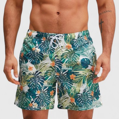 Anna-Kaci Men's Tropical Leaf Print Swim Trunks with Elastic Waistband and Mesh Lining