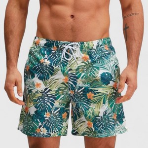 Anna-Kaci Men's Tropical Leaf Print Swim Trunks with Elastic Waistband and Mesh Lining - 1 of 4