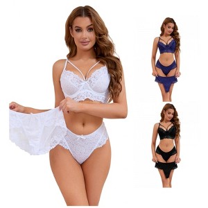 INSPIRE CHIC Women's 3 Sets Cross Straps Full Coverage Bralette and Panty Mesh Floral Lace Underwear Set - 1 of 4