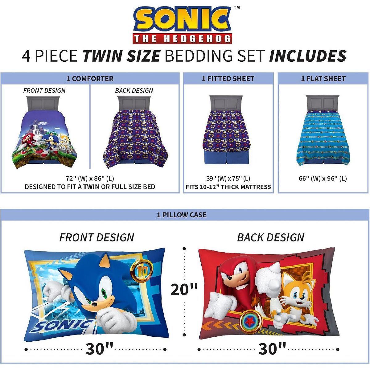 Sonic The Hedgehog Kids Bedding , Anime Twin Comforter and Sheets, 4 Piece Set - thumbnail 4