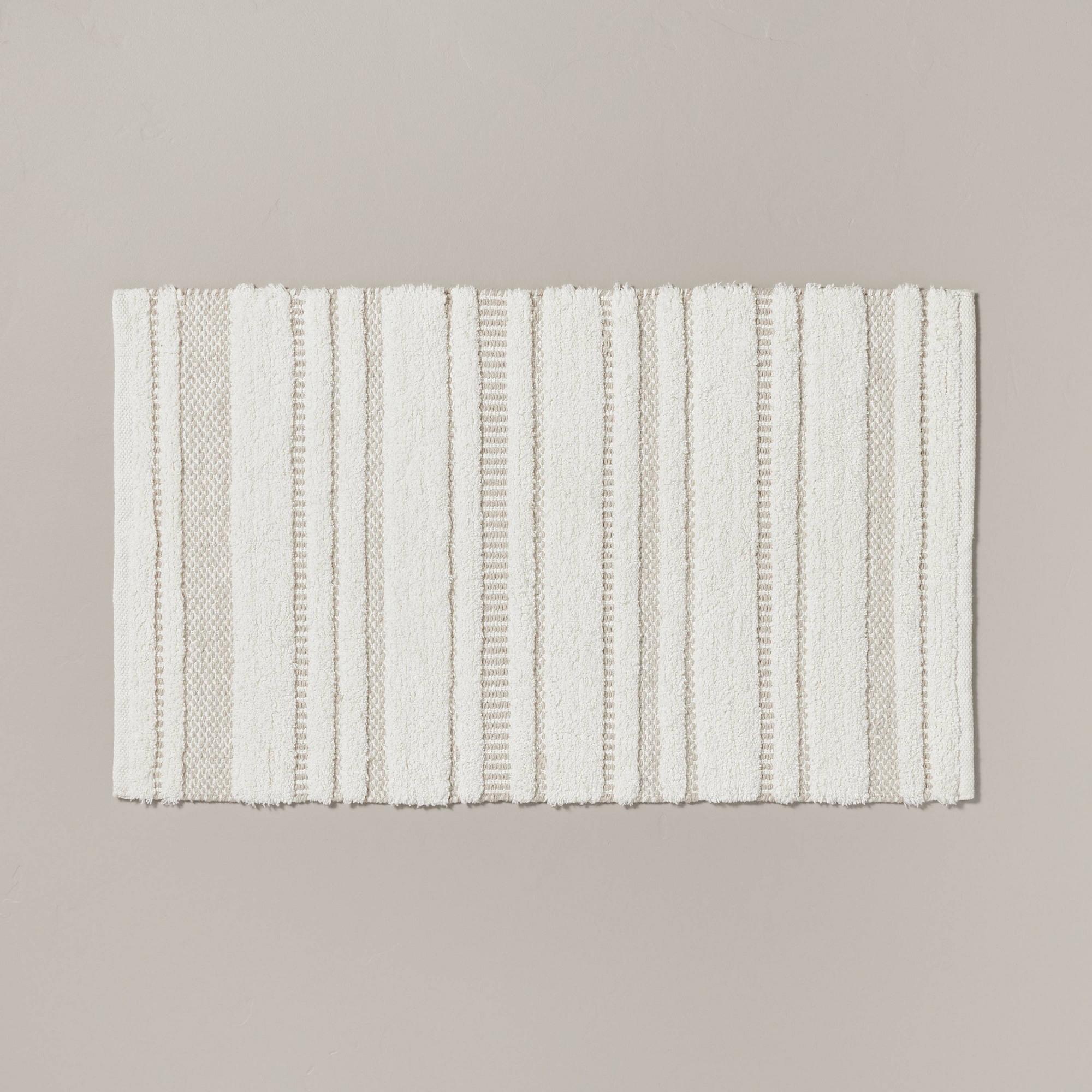20"x32" Chunky Stripe Bath Rug Cream/Taupe - Hearth & Hand™ with Magnolia: Cotton Woven, Machine Washable, No Backing