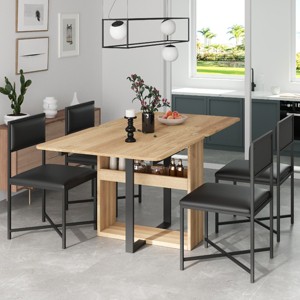 5 PCS Foldable Dining Table Set with 4 Chairs, Dining Table with Storage Rack and MDF Top, Iron Frame Chair with PU Leather Cushion-Baofuwish - 1 of 4