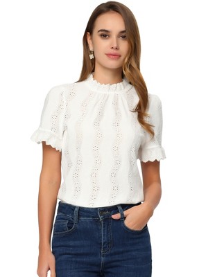 INSPIRE CHIC Women's Crochet Eyelet Mock Neck Puff Sleeve Ruffle Embroidery Blouse