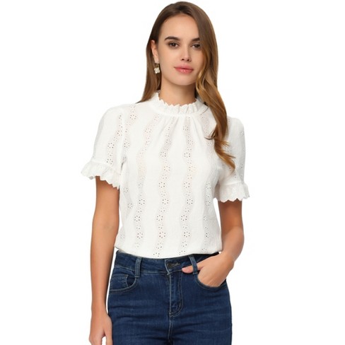 Allegra K Women's Crochet Eyelet Top Mock Neck Puff Sleeve Ruffle Casual  Embroidery Blouse White X-small : Target