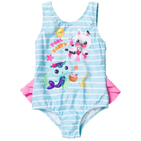 Gabby's Dollhouse MerCat Pandy Paws Little Girls One Piece Bathing Suit Blue / White 6