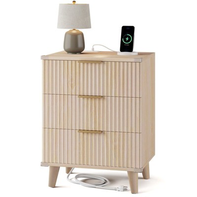 Gikpal Fluted Night Stands for Bedroom, Modern Bedside Table with 3 Drawers & Charging Station, Fluted Panel End Tables for Bedroom & Living Room