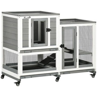 PawHut Three Story Rabbit Hutch, Indoor Wooden Rabbit Cage Bunny Hutch with Runs, Wheels, Waterproof Roof and Removable Tray, Gray