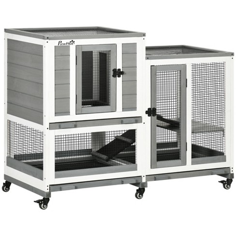 PawHut Three Story Rabbit Hutch Indoor Wooden Rabbit Cage Bunny Hutch with Runs Wheels Waterproof Roof and Removable Tray Gray