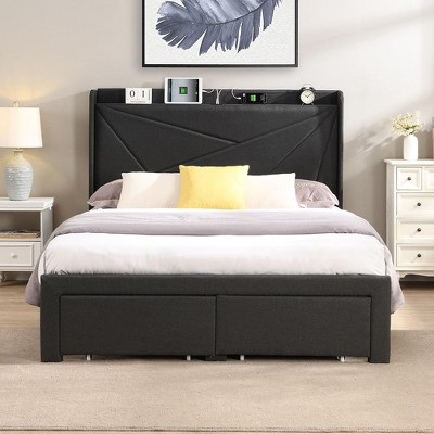 Queen Bed Frame with 2 Storage Drawers, Upholstered Bed Frame, Linen Upholstered Headboard Platform Bed, No Box Spring Needed, Noise-Free